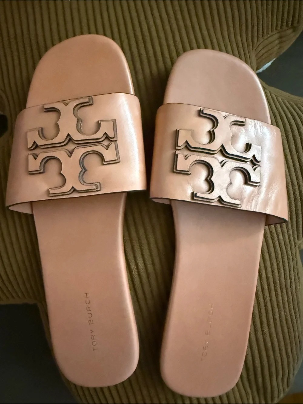 Tory Burch Cognac Leather Logo Slide Sandals